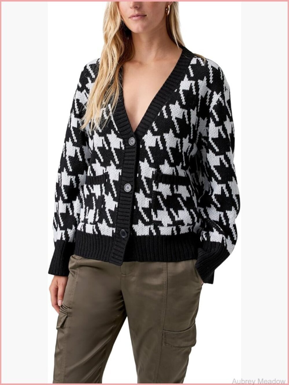 V-Neck Loose Fit Long Sleeve Cardigan with Heart Pattern
